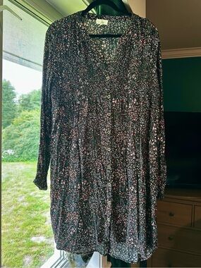Long Sleeve Black Floral Button-Front Shirt Dress by Ivy